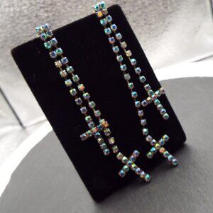 1980 AURORA BOREALIS RHINESTONE DOUBLE CROSS VERY LONG DANGLY PIERCED EARRINGS J